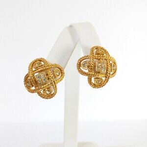 Vintage Goldtone Basket Weave Rhinestone Pierced Earrings